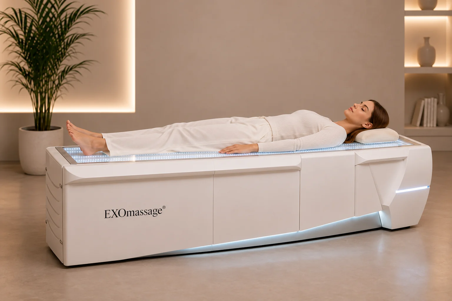 Eine Frau ruht vollständig bekleidet auf dem WunderMassage-Gerät